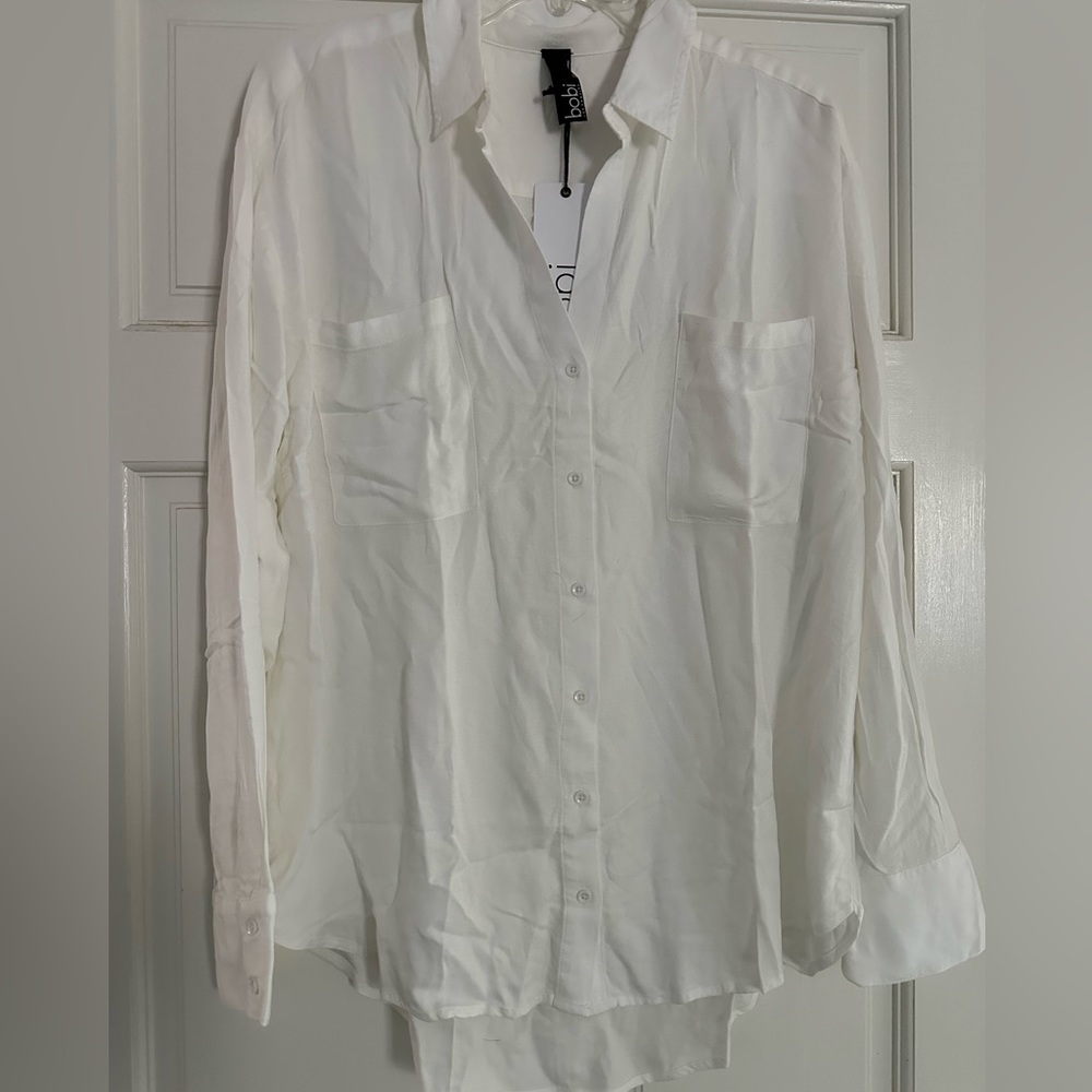 Bobi Ivory Button-Up Top High Low Long Sleeve Shirt - SMALL